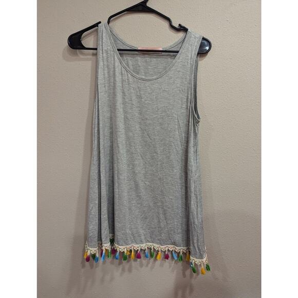 Grey women's tank top w/multi color tiny tassels at bottom hem size M - Picture 1 of 7